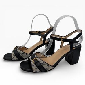Louis Vuitton Monogram LV Canvas Leather Block Heel Sandals Sz 38 Authentic COA